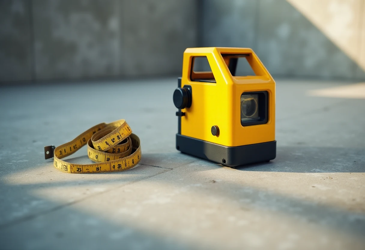 Niwelator laserowy i miara zwijana na betonowej posadzce